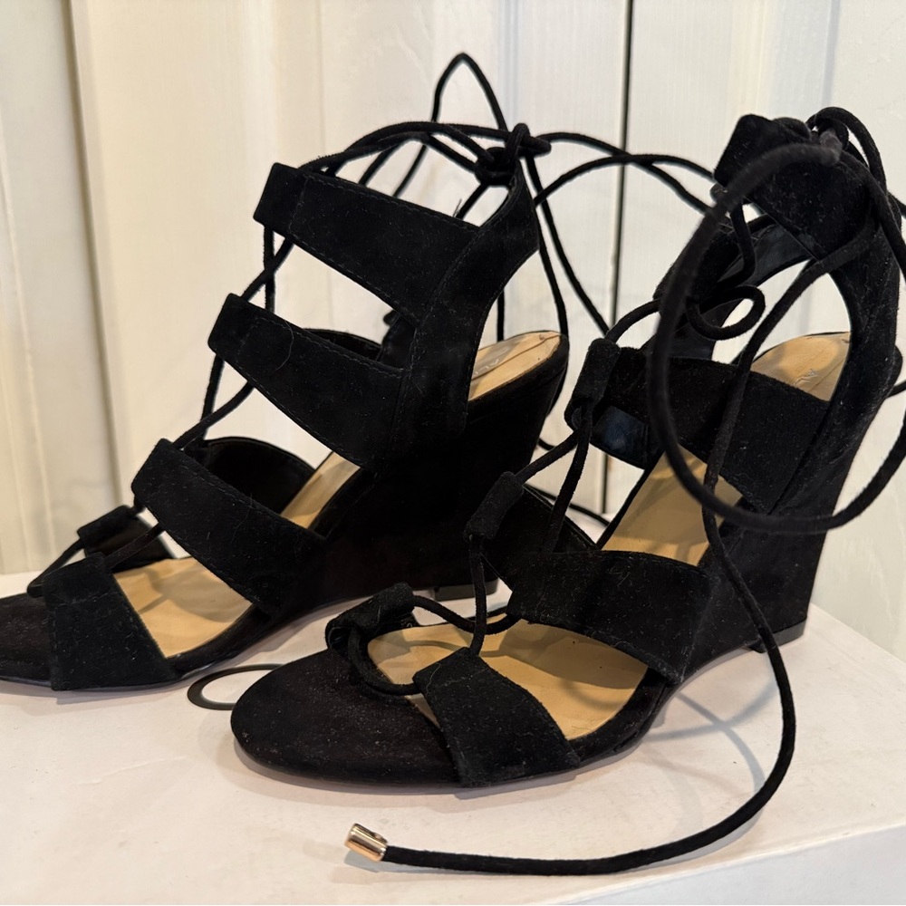 Aldo Black Lace-Up Wedge Sandals